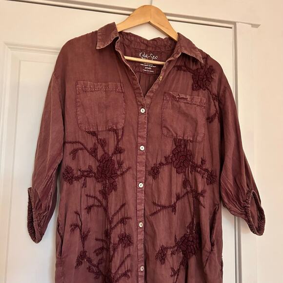 Kyla Seo Anthropologie Embroidered Shirt Dress Women’s Small Burgundy Bohemian - Picture 3 of 12